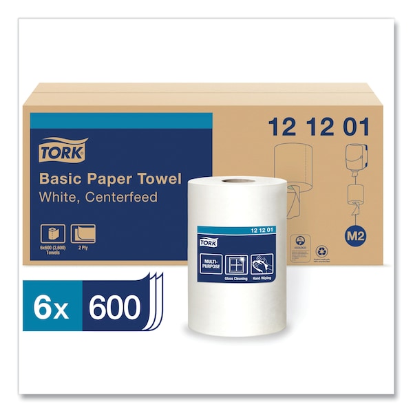 Tork Basic Centerfeed Paper Wiper White M2, High Absorbency, 6 X 600 Sheets, 121201